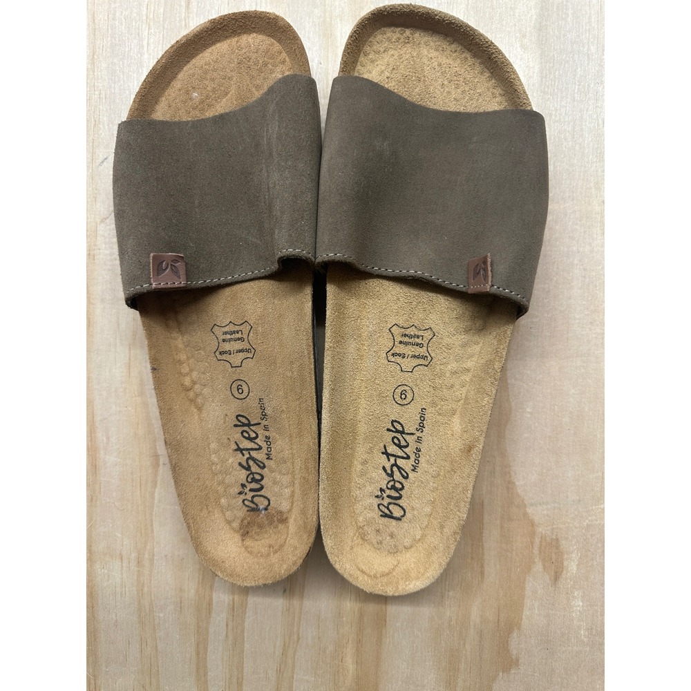 Biostep Womens Leather Slide Sandals Made in Spain Olive Green Cork Sole Size 9